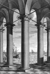 On architecture, a maritime landscape appears behind a building supported by arcades: a board drawn from 