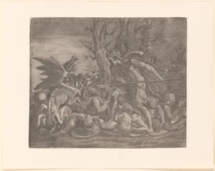 Young Man with Lion Skin Over His Head, Possibly Cadmus, Fighting a Dragon