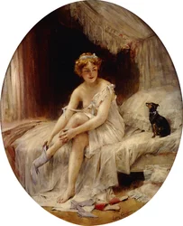 Little Woman putting on her stockings