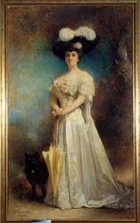Full-length portrait of Madame Maurice Pascal and her dog, Tiny. Painting by Leon Joseph Bonnat (1833-1922) 1905. Pau, Musee des Beaux Arts