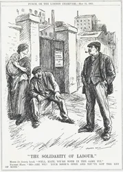 The Solidarity of Labour: Factory Worker, Locked Out Because of Lack of Coal, Telling a Miner That He Holds the Key for All Workplaces to Open Again. Cartoon by Leonard Raven-Hill