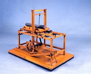 Wooden model of hydraulic saw operated by gears and water. Made after drawing by Leonardo da Vinci (1452-1519) Museum of Science and Technology, Milan.