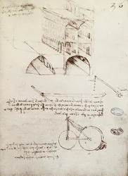 Manuscript B, f 36 r Architectural studies, development and sections of buildings in city with raised streets
