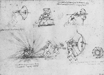 Studies of Shields for Protecting Foot Soldiers and of a Bomb Exploding, c1480