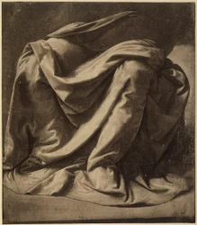 Study for the mantle of the Virgin in the Annunciation today housed in the Uffizi; watercolor and black heightened with white on very fine canvas, by Leonardo da Vinci. The Louvre, Paris
