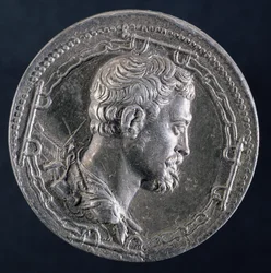 Reverse of medallion of Andrea Doria depicting the artist surrounded by the chains of a convict and with a galley in background, c.1541