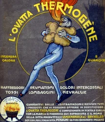 Advertisement for thermogenic cotton wool curing colds, internal pains, rheumatism, coughs, neuralgia and lumbago