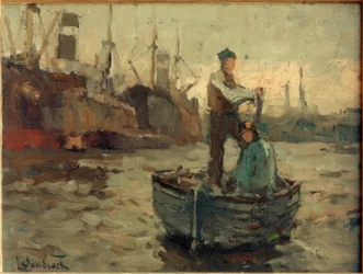 Two Men in a Sailboat Rowing