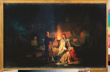 Actors at Rest. (The Actors Rehearse Their Text at Nightfall, Around a Torch, in the Courtyard of a Country House. Near Them, a Table with a Samovar and Cups, as well as Stage Equipment under Tarpaulins). Painting by Leonid