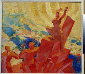 To the Sun. Colorful landscape with a character holding the sun in their hands. Painting by Leonid Terentlevich Chupyatov