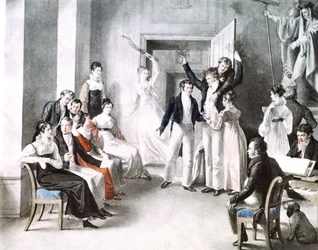 Musical meeting of Schubertians. Schubert is sitting in the chair on the right.