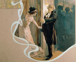 Illustrated postcard by Leopoldo Metlicovitz depicting scene from Tosca, opera by Giacomo Puccini