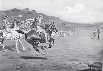 Greek horsemen throwing the javelin, illustration from 