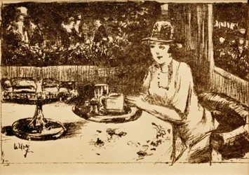 In the Café. Lady at the Table on the Veranda