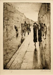 Walkers in the Rain in Front of a Horse Carriage