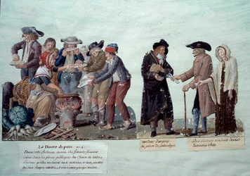 Scenes Under the French Revolution: Bread Shortage, Money Seller and Annuitants Selling Their Effects. Gouache by the Lesueur Brothers, Circa 1789. Musee Carnavalet, Paris