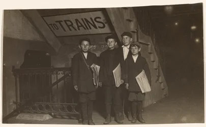 Four Newsies at an Entrance to the Subway, New York City