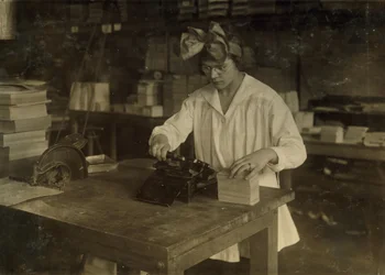 A Girl Stamping Labels at the Boston Index Card Co. at 113 Purchase Street in Boston, Massachusetts