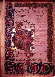 Page of music with an historiated initial G depicting the Adoration of the Magi, from an antiphonal, c.1473-79