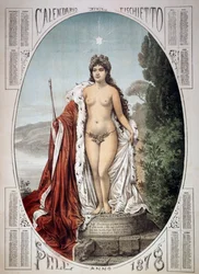 Allegory of Italy on a pedestal made of taxes and fees, calendar of the whistle, year 1878