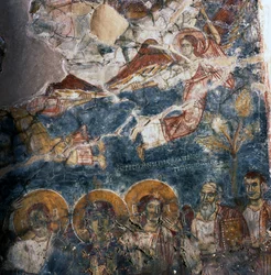 Angel and Saints, Fresco in Monastery of Agios Georgios, Diavaide, Crete, Greece