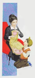 Boy Helping His Mother to Make Ball of Wool, Drawing