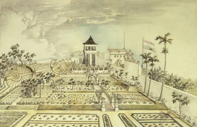 Dutch House with Enclosed Garden in Java Island, Indonesia, Engraving