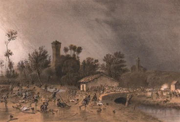 First Division of Regina Brigade attacking Montreoli Bridge, Palestro, Lombardy