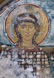 Fresco with Saint in Byzantine Church of Agios Georgios, Vathi, Crete, Greece
