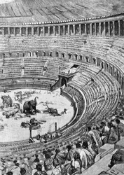 Inauguration of the Flavian Amphitheatre, known as the Colosseum, in Rome in 80 AD, with the audience watching animal combat, illustration from History of Rome, by Francesco Bertolini, Treves, Milan