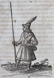 Inhabitant of Canada with snowshoes, illustration from Description de la Nouvelle France