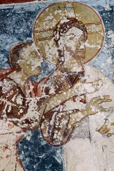 Jesus, Fresco in Byzantine Church of Agios Georgios, Vathi, Crete, Greece