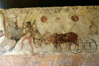 Journey to Underworld, fresco from Necropolis in Andriuolo-Laghetto in Paestum, Campania, Italy, Ancient Greek civilization, Magna Graecia, 4th century BC
