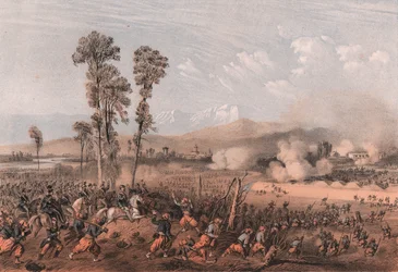 King Vittorio Emanuele II leading troops during battle of Palestro, Lombardy