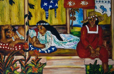 Polynesian women, stained glass window, Moorea Island, Society Islands, French Polynesia, overseas territory of the French Republic