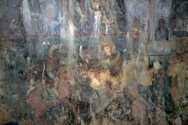 Saints on Horseback, Fresco in Byzantine Church of Agios Athanasios, Kefali, Crete, Greece