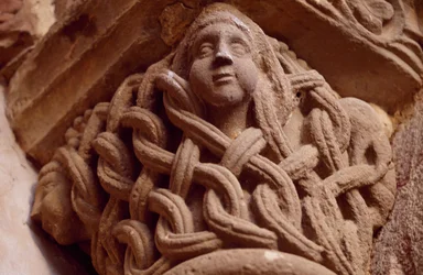Decorated capital, Porta Speciosa, Monastery of the Holy Savior of Leyre, Navarre, Spain