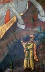 St George and Dragon (Detail), Wood Panel in Church of Agia Paraskevi, Anisaraki, Crete, Greece