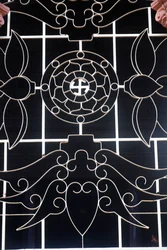 Vinh Trang Buddhist temple, Buddhist symbols: Dharma Wheel and Svastika, My Tho, Vietnam (photo)