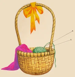 Wicker Basket Containing Ball of Wool, Needles and Knitting, Drawing