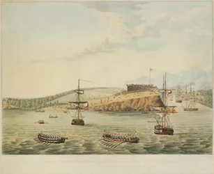 Attack on Fort Oswego, Lake Ontario, N. America. May 6th 1814, Noon, and Storming Fort Oswego by Second Battalion Royal Marines and a party of Seamen, 15m past Twelve at Noon, engraved by R. Havell