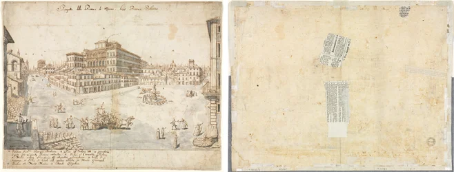 Eighteen Views of Rome: The Piazza Barberini (recto); Tracing of a Fountain and Sketches of Two Faces (verso)