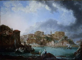 View of the harbour with figures in boats