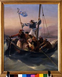 Greeks on a ship. Allegory of Greece marching towards independence after Ottoman domination and the Greek War of Independence (1821-1830), or Greek Revolution. 1848, Verona