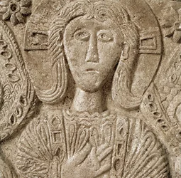 Archaeology of the Middle Ages: Barbarian Art of Lombardy: Detail of Christ, Low Relief of the Altar of Duke Rachis. 737-744. Cividale del Friuli, Chretien Museum, Treasure of the Cathedral