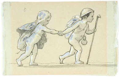 Vignette with Walking Boy and Girl Holding Hands