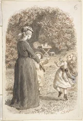 A Mother and Two Children Playing Blind Man
