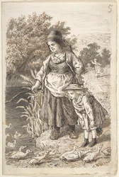 Woman and Child by a Duck Pond