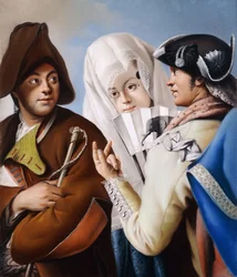 A Gentleman in a Phrygian Bonnet being addressed by a Gentleman in a yellow coat and black tricorn Hat with a Lady in a blue brocade Dress and white Mantilla