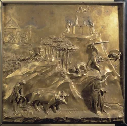 Life of Cain and Abel: the sacrifice, the murder of Abel and God banishing Cain. Original panel of the door of Paradise
